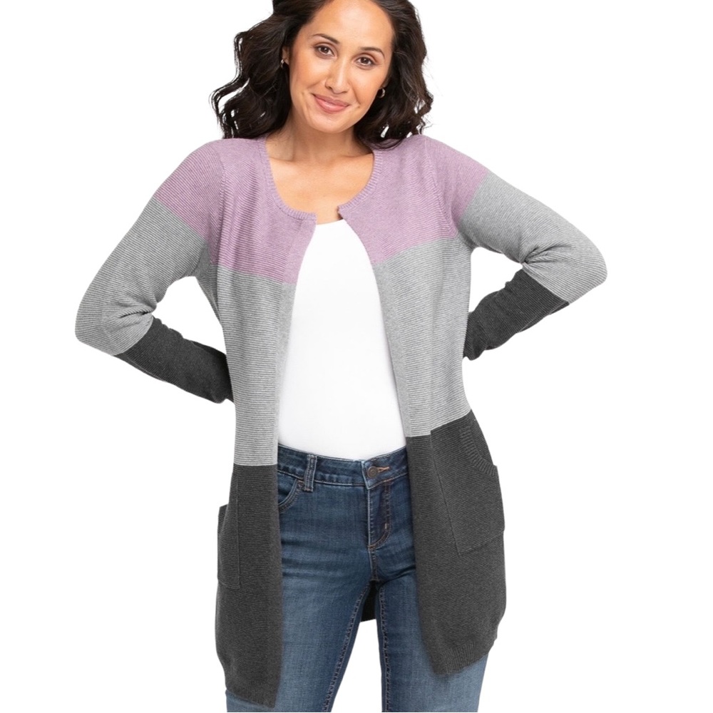Cleo Petites XLP 100% Knit Cotton Cardigan Colour Block Open Front Pockets